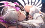  1girl bangs bare_shoulders breasts catxuan cleavage closed_eyes detached_sleeves eyebrows_visible_through_hair halo headpiece highres lying on_side punishing:_gray_raven silver_hair sleeping smile solo wings 