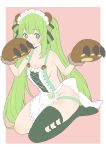  1girl :q absurdres alternate_costume animal_ears animare apron bare_shoulders bear_ears bear_paws blush border breasts cleavage donguri_suzume enmaided eyebrows_visible_through_hair gloves green_eyes highres hinokuma_ran long_hair looking_at_viewer maid maid_headdress medium_breasts naked_apron paw_gloves paws pink_background seiza sideboob simple_background single_thighhigh sitting smile solo thighhighs tongue tongue_out twintails very_long_hair white_apron white_border white_legwear 