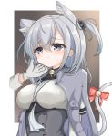  1girl animal_ear_fluff animal_ears bangs bell blush bodysuit breasts cape cat_ears cat_tail chin_tickle closed_mouth eyebrows_visible_through_hair gloves grey_cape grey_eyes hachimaki hair_between_eyes headband kantai_collection kasashi_(kasasi008) long_hair medium_breasts one_side_up out_of_frame ribbon silver_hair simple_background suzutsuki_(kantai_collection) sweat tail tail_bell tail_ribbon upper_body white_bodysuit white_gloves white_headband 