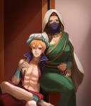  1boy 1girl abs arabian_clothes blonde_hair bracelet breasts brown_hair chair cleavage commentary_request cropped_vest dress earrings fate/grand_order fate_(series) gilgamesh gilgamesh_(caster)_(fate) green_dress grey_eyes high_collar highres holding_another hoop_earrings horns jewelry large_breasts long_hair mouth_veil muscle necklace neckwear ray8834 red_eyes ring siduri_(fate/grand_order) sitting smile turban veil white_hood 