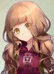 1girl bangs blonde_hair blunt_bangs blush closed_mouth dated green_background hood hood_down lf_(paro) little_red_riding_hood_(sinoalice) long_hair looking_at_viewer reality_arc_(sinoalice) red_hoodie sidelocks simple_background sinoalice solo twintails upper_body wavy_hair yellow_eyes 