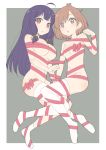  2girls absurdres ahoge asymmetrical_legwear border breasts brown_eyes brown_hair copyright_request donguri_suzume grey_background highres large_breasts long_hair looking_at_viewer multiple_girls naked_ribbon parted_lips paw_pose purple_hair red_eyes red_ribbon ribbon short_hair simple_background single_sock single_thighhigh small_breasts socks thighhighs white_border white_legwear 