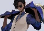  1boy arjuna_(fate/grand_order) black_eyes blue_shirt brown_hair collared_shirt commentary dark_skin dark_skinned_male fate/grand_order fate_(series) formal grey_background grey_neckwear hands_up jacket_on_shoulders male_focus mo_(mocopo) necktie parted_lips shirt simple_background solo sunglasses upper_body vest white-framed_eyewear white_vest wing_collar 