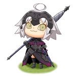  1girl :3 ahoge armor banner black_legwear blush_stickers cape chibi commentary_request doubutsu_no_mori fate/grand_order fate_(series) full_body green_eyes grey_hair headpiece jeanne_d&#039;arc_(alter)_(fate) jeanne_d&#039;arc_(fate)_(all) over_shoulder sheath sheathed short_hair simple_background solo suzuri_(tennenseki) sword weapon weapon_over_shoulder white_background 