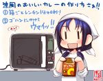  1girl alternate_costume artist_logo bandana blue_hair box commentary_request curry dated food kanon_(kurogane_knights) kantai_collection long_hair low_twintails oven revision ribbon shirt simple_background sleeves_rolled_up smile solo standing suzukaze_(kantai_collection) translated twintails upper_body white_background white_shirt ||_|| 