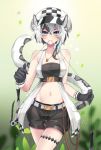  1girl absurdres animal_ears arknights bandeau bangs bare_shoulders belt beret black_gloves black_hair black_shorts blush breasts chinese_commentary cliffheart_(arknights) collarbone commentary_request cowboy_shot eyebrows_visible_through_hair fang fang_out gloves grey_eyes guangguangdangya hair_between_eyes hat highres jewelry leopard_ears leopard_tail looking_at_viewer medium_breasts midriff mouth_hold multicolored_hair navel necklace short_hair short_shorts shorts silver_hair sleeveless smile solo standing stomach strapless streaked_hair tail thighs tubetop white_belt white_headwear 