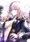  1girl absurdres ahoge bangs black_dress blue_coat breasts center_opening cleavage closed_mouth coat dress fate/grand_order fate_(series) fence full-length_zipper fur-trimmed_coat fur_trim hane_yuki highres huge_filesize jeanne_d&#039;arc_(alter)_(fate) jeanne_d&#039;arc_(fate)_(all) large_breasts long_sleeves looking_at_viewer navel short_hair silver_hair solo wicked_dragon_witch_ver._shinjuku_1999 yellow_eyes zipper 