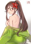  1girl amagi_(kantai_collection) back bangs bare_back bare_shoulders breasts brown_eyes brown_hair commentary_request covering covering_breasts embarrassed flower from_behind gradient_clothes hair_between_eyes hair_flower hair_ornament high_ponytail japanese_clothes kantai_collection kimono large_breasts long_hair looking_at_viewer looking_back mole open_mouth parted_bangs shiozaki_zoe shoulder_blades sideboob sidelocks sitting solo white_background wide_ponytail 