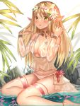  1girl ame_sagari bare_shoulders blonde_hair breasts cleavage collar collarbone detached_sleeves elf hands_up head_wreath highres leaf long_hair long_sleeves medium_breasts orange_eyes original parted_lips petals pointy_ears see-through shirt showgirl_skirt sidelocks sitting solo thigh_strap thighs water wet wet_clothes 