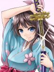  1girl amamiya_sakura bangs blue_eyes blue_kimono breasts brown_hair eyebrows_behind_hair glint hair_ribbon holding holding_sword holding_weapon japanese_clothes katana kimono long_hair looking_at_viewer medium_breasts pink_ribbon ribbon sakura_taisen sheath shin_sakura_taisen smile solo sword ten_(tenchan_man) unsheathing upper_body v-shaped_eyebrows weapon 