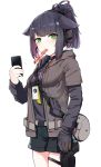  1girl animal_ears arknights bag bangs black_gloves black_hair black_shirt black_shorts blush breasts cat_ears cellphone collar commentary_request cowboy_shot ear_protection eyebrows_visible_through_hair food_in_mouth gloves gloves_removed green_eyes grey_jacket gun hair_tie handgun high_ponytail highres holding holding_gun holding_phone holding_weapon holster holstered_weapon hood hood_down hooded_jacket id_card jacket jessica_(arknights) kongthegrain large_breasts long_sleeves looking_at_viewer mixed-language_commentary multicolored_hair open_clothes open_jacket phone pink_hair pistol ponytail shirt short_shorts shorts shoulder_bag sidelocks simple_background single_glove smartphone solo thigh_holster weapon white_background 