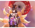  1girl absurdres animal_ears bare_shoulders black_hair breasts cleavage commentary_request fox_ears fox_tail hair_between_eyes hair_ornament halterneck highres holding holding_umbrella idolmaster idolmaster_shiny_colors japanese_clothes kimono large_breasts lipstick long_hair makeup mask multicolored multicolored_clothes multicolored_kimono obi off_shoulder sash shirase_sakuya tail umbrella wagasa yellow_eyes ynisekoiy94 