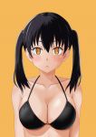  bare_shoulders black_bikini_top black_hair blush breasts cleavage closed_mouth collarbone en&#039;en_no_shouboutai highres looking_at_viewer medium_breasts simple_background tamaki_kotatsu twintails upper_body yellow_background yellow_eyes 