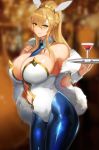  1girl absurdres ahoge alcohol animal_ears artoria_pendragon_(all) artoria_pendragon_(swimsuit_ruler)_(fate) bangs bare_shoulders blue_legwear blue_neckwear braid breasts bunny_ears bunnysuit cleavage closed_mouth commentary_request crown cup detached_collar drinking_glass eyebrows_visible_through_hair fate/grand_order fate_(series) feather_boa fishnet_legwear fishnets french_braid green_eyes hair_between_eyes high_ponytail highleg highleg_leotard highres holding holding_tray huge_breasts leotard looking_at_viewer navel_cutout sakanaaj1 smile tray white_leotard wine_glass wrist_cuffs 