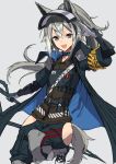  1girl :d animal_ears arknights armband choker flat_chest gloves grani_(arknights) grey_background grey_hair highres hip_vent horse_ears horse_tail leg_up long_hair open_mouth ponytail purple_eyes salute shoes sidelocks sigm@ simple_background smile sneakers solo tail visor_(armor) weapon 