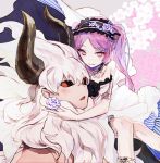  1boy 1girl asterios_(fate/grand_order) black_sclera carrying closed_mouth euryale fate/grand_order fate/hollow_ataraxia fate_(series) flower hair_flower hair_ornament hairband horns looking_at_viewer mo_(mocopo) parted_lips purple_eyes purple_flower purple_hair purple_rose red_eyes rose shoulder_carry smile white_hair 