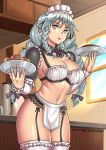  1girl alternate_costume artist_name bangs black_bow black_ribbon bow braid breasts cake cleavage clothing_request commentary_request detached_sleeves enmaided food frills giovanni_zaccaria grayfia_lucifuge grey_eyes grey_hair hair_bow hair_ornament hair_ribbon high_school_dxd holding holding_plate indoors kitchen large_breasts long_sleeves looking_at_viewer maid maid_headdress navel plate revealing_clothes ribbon solo thighhighs watermark web_address white_legwear 