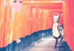  1girl animal_ears dress fox_ears fox_tail frilled_skirt frills full_body fushimi_inari_taisha hololive long_hair multiple_torii noru_nekomiya shirakami_fubuki skirt tail tied_hair torii white_hair wide_sleeves 