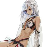  1girl altera_(fate) arm_support beltbra black_panties bright_pupils closed_mouth commentary dark_skin fate/extella fate/extra fate_(series) from_side leaning_back mo_(mocopo) navel panties red_eyes short_hair simple_background sitting slit_pupils solo underwear veil white_background white_hair 