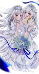  2girls absurdres azur_lane belfast_(azur_lane) belfast_(claddagh_ring&#039;s_vow)_(azur_lane) blue_eyes bouquet braid breasts bridal_veil bride chain cleavage dress enterprise_(azur_lane) enterprise_(starlight_oath)_(azur_lane) flower french_braid frilled_gloves frills gloves gold gold_chain highres holding holding_bouquet kamazirou3 large_breasts long_hair looking_at_viewer maid_headdress multiple_girls neck_garter purple_eyes rose silver_collar sleeveless strapless strapless_dress tiara veil wedding_dress white_dress white_flower white_hair white_rose 