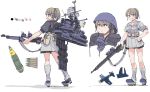  1girl aircraft bangs blue_eyes blush boots breasts brown_hair bullet cleavage closed_mouth clothes_writing from_behind gun hair_between_eyes hand_on_hip helmet highres holding holding_gun holding_weapon intrepid_(kantai_collection) juraki_hakuaki kantai_collection m1903_springfield multiple_views neck_pillow open_mouth ponytail pouch rigging short_sleeves simple_background standing weapon white_background 