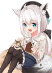  1girl :d absurdres animal_ear_fluff animal_ears animal_on_lap black_legwear blue_eyes braid cat cat_on_lap commentary_request fox_ears fox_tail frilled_skirt frills hat highres hololive long_hair open_mouth oruyanke_(fubuki_channel) pantyhose shirakami_fubuki shirt sitting skirt smile tail to_naive virtual_youtuber white_hair wide_sleeves younger 
