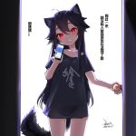  1girl ahoge animal_ear_fluff animal_ears bare_thighs black_hair black_panties black_shirt blush cellphone clothes_writing collarbone commentary_request dated door doorknob ejami ekko_(ejami) eyebrows_visible_through_hair fox_ears fox_girl fox_tail hair_between_eyes holding holding_phone long_hair mole mole_on_thigh no_pants original panties phone red_eyes shirt short_sleeves signature smartphone smile solo tail translation_request underwear 