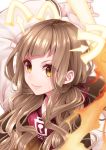  1girl animal_ears arm_up bangs blunt_bangs brown_hair closed_mouth eyes_visible_through_hair fire hair_ribbon highres hinata_mizuiro holding holding_weapon jacket little_red_riding_hood_(sinoalice) long_hair long_sleeves looking_at_viewer orange_eyes reality_arc_(sinoalice) red_ribbon ribbon simple_background sinoalice smile solo twintails upper_body wavy_hair weapon white_background 
