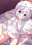  1girl ass_visible_through_thighs bangs bare_legs barefoot bed blue_eyes blue_hair blurry blurry_background blush chinomaron closed_mouth commentary_request condom cum depth_of_field drawstring dutch_angle egg_vibrator eyebrows_visible_through_hair gochuumon_wa_usagi_desu_ka? hair_between_eyes hair_ornament highres hood hood_up hooded_jacket jacket kafuu_chino long_hair panties panties_around_one_leg pom_pom_(clothes) remote_control_vibrator sitting smile solo sweat underwear used_condom vibrator wariza white_jacket white_panties x_hair_ornament 