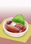  0_0 1girl bangs blush bow bowl bowtie brown_hair chibi closed_mouth commentary_request eyebrows_visible_through_hair food glasses hinata_yuu in_bowl in_container in_food kantai_collection leaf long_sleeves lying minigirl okinami_(kantai_collection) on_back oversized_object purple_legwear school_uniform shoes short_hair simple_background solo squid 