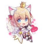  1girl :d animal animal_ear_fluff animal_ears armored_boots bangs bike_shorts black_legwear black_shorts black_wings blonde_hair blue_eyes blush_stickers boots breasts brown_gloves cat cat_ears chibi crown dress english_text eyebrows_visible_through_hair feathered_wings gloves hair_between_eyes hair_ribbon heart highres kneehighs looking_at_viewer maaru_(shironeko_project) mini_crown mismatched_wings open_mouth red_ribbon ribbon rukako shironeko_project short_shorts shorts shorts_under_dress signature simple_background small_breasts smile solo thank_you two_side_up upper_teeth white_background white_cat white_dress white_footwear white_wings wings 