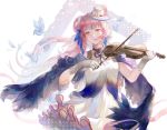  1girl absurdres animal animal_ears arknights bangs bird blue_cape blue_hair bow_(instrument) breasts cape ceylon_(arknights) cowboy_shot daylightallure dress floating_hair flower frame gloves hat hat_flower hat_ribbon head_tilt highlights highres holding holding_instrument instrument long_hair looking_at_viewer multicolored_hair music neck_ribbon parted_lips pink_hair playing_instrument purple_cape ribbon side_bun sleeveless sleeveless_dress smile solo streaked_hair very_long_hair violin violin_bow white_background white_dress white_flower white_gloves white_headwear yellow_eyes 