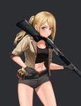  1girl absurdres benelli_m4 blonde_hair blue_eyes breasts cleavage commentary_request cureeper0210 gloves gun highres holding holding_gun holding_weapon korean_commentary midriff navel original short_shorts shorts shotgun shotgun_shells side_ponytail simple_background solo weapon 