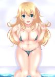  1girl alternate_costume aqua_eyes areola_slip areolae atago_(kantai_collection) bikini blonde_hair breasts cameltoe commentary_request cowboy_shot eyebrows_visible_through_hair groin hat highres kantai_collection large_breasts long_hair looking_at_viewer looking_up micro_bikini midriff navel nendoroya nipples sitting smile soaking_feet solo swimsuit water 