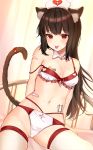  1girl adapted_costume animal_ears bad_id bad_pixiv_id bandaid bandaid_on_arm bandaid_on_stomach bandaids_on_nipples bikini breasts brown_hair cat_ears cat_tail commentary_request detached_collar frilled_bikini frills hat heart highres katsushika_pachi layered_bikini long_hair looking_at_viewer medium_breasts navel nurse_cap original pasties pill_on_tongue red_eyes solo strap_slip swimsuit tail thighhighs tongue tongue_out white_legwear 