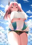  1girl absurdres azur_lane bangs bare_shoulders bare_thighs black_panties blue_skirt blush breasts bremerton_(azur_lane) bremerton_(scorching-hot_training)_(azur_lane) chain-link_fence closed_mouth cloud commentary_request cowboy_shot eyebrows_visible_through_hair fence from_below grey_hair hair_between_eyes hair_intakes hair_ornament hairclip highres huge_filesize large_breasts lifted_by_self light_rays long_hair looking_at_viewer midriff multicolored_hair nephthys2356 nose_blush panties pink_eyes pink_hair shirt sidelocks skirt skirt_lift sky sleeveless sleeveless_shirt solo sportswear standing streaked_hair sunbeam sunlight tennis_uniform twintails two-tone_hair two-tone_skirt underboob underwear wavy_mouth white_shirt white_skirt x_hair_ornament 