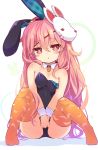  1girl :o animal_ears areola_slip areolae baku-p bare_shoulders black_leotard blush breasts bunny_ears bunny_mask carrot_necklace detached_collar fake_animal_ears full_body hair_between_eyes hata_no_kokoro highres leotard long_hair looking_at_viewer mask orange_legwear pink_eyes pink_hair sitting small_breasts solo thighhighs touhou v_arms white_background wrist_cuffs younger 