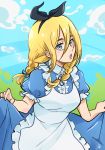  1girl alice_(wonderland) alice_(wonderland)_(cosplay) alice_in_wonderland apron blonde_hair blue_dress blue_eyes bow christa_renz cosplay dress hair_between_eyes hair_bow hairband kokomi_(aniesuakkaman) looking_at_viewer medium_hair open_mouth shingeki_no_kyojin solo 