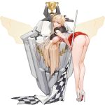  1girl ass bangs blonde_hair blue_eyes blush breasts censored checkered checkered_flag flag from_behind full_body gun handgun high_heels highres huge_breasts last_origin leona_of_blood_&amp;_iron long_hair looking_at_viewer looking_back miniskirt nipple_slip nipples official_art pistol race_queen rorobomb sideboob skirt skirt_lift smile solo tachi-e transparent_background trophy underboob very_long_hair weapon white_footwear 