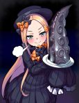  1girl abigail_williams_(fate/grand_order) absurdres bangs black_bow black_dress black_headwear blonde_hair blue_eyes blush bow breasts closed_mouth dress fate/grand_order fate_(series) forehead hair_bow hat highres long_hair long_sleeves looking_at_viewer mioshi_(vixis340) multiple_bows orange_bow parted_bangs plate polka_dot polka_dot_bow ribbed_dress sleeves_past_fingers sleeves_past_wrists small_breasts smile solo tentacles 