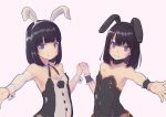  2girls animal_ears armpit_crease bangs bare_shoulders black_hair blunt_bangs bunny_ears bunnysuit closed_mouth flat_chest highres himenogi_rinze himeragi_rinze holding_hands looking_at_viewer love_r medium_hair multiple_girls outstretched_arms reco_love reco_love_gold_beach saisho_no_nakama simple_background smile upper_body 