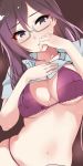  bikini black_hair blush breasts eyebrows_visible_through_hair glasses hand_on_own_face highres idolmaster idolmaster_cinderella_girls long_hair medium_breasts midriff murabito_c navel purple_bikini shirt shirt_lift swimsuit yagami_makino 