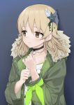  1girl bangs blonde_hair blue_background blush breasts brown_eyes choker closed_mouth collarbone fpanda fur-trimmed_jacket fur_trim gradient gradient_background green_jacket green_ribbon hair_ornament highres idolmaster idolmaster_cinderella_girls idolmaster_cinderella_girls_starlight_stage jacket long_sleeves looking_to_the_side medium_hair morikubo_nono open_clothes open_jacket ribbon ringlets shirt small_breasts solo star star_hair_ornament white_shirt 