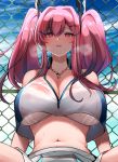  10eki_(tenchou) 1girl absurdres alternate_costume azur_lane bangs bare_shoulders blush bra breasts bremerton_(azur_lane) bremerton_(scorching-hot_training)_(azur_lane) chain-link_fence cleavage cloud cloudy_sky collarbone commentary_request crop_top day eyebrows_visible_through_hair fence hair_between_eyes hair_ornament hairclip headgear heart heart_necklace heavy_breathing highres huge_breasts long_hair looking_at_viewer mole mole_under_eye multicolored_hair navel open_mouth outdoors pink_eyes pink_hair see-through skirt sky spread_legs streaked_hair sweat twintails underwear upper_teeth wet wet_clothes white_bra white_skirt x_hair_ornament 