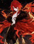  1boy arms_at_sides black_bodysuit bodysuit burning_clothes cape closed_mouth cowboy_shot earrings eyebrows_visible_through_hair eyes_visible_through_hair fate/grand_order fate_(series) glint gloves hair_between_eyes jewelry karna_(fate) long_hair looking_at_viewer male_focus mo_(mocopo) pale_skin red_cape red_hair solo thighhighs yellow_gloves yellow_legwear 