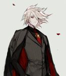  1boy black_shirt closed_mouth collared_shirt eyeshadow fate/apocrypha fate/grand_order fate_(series) grey_background grey_jacket grey_vest hair_over_one_eye jacket jacket_on_shoulders karna_(fate) long_sleeves makeup male_focus mo_(mocopo) necktie one_eye_covered pale_skin red_eyes red_neckwear shirt simple_background solo upper_body vest wing_collar 