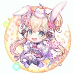  &gt;_&lt; 1girl :d animal_ears bangs black_legwear blonde_hair blue_eyes boots bunny_ears bunny_hair_ornament chibi crescent double_bun dress eyebrows_visible_through_hair flower full_body fur-trimmed_boots fur-trimmed_dress fur-trimmed_gloves fur_trim gloves hair_between_eyes hair_flower hair_ornament highres kagami_mochi long_sleeves looking_at_viewer low_twintails on_head open_mouth outstretched_arms pink_dress pink_flower rukako shironeko_project smile solo spread_arms star thighhighs translation_request tsukimi_(shironeko_project) twintails white_background white_footwear white_gloves wide_sleeves 