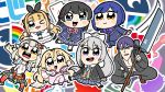  1boy 6+girls :d bkub black_hair blazer blonde_hair blue_hair blush bow bowtie chibi company_name elu_(nijisanji) eyebrows_visible_through_hair fairy_wings grey_hair hair_between_eyes hair_bow headphones headphones_around_neck high_ponytail highres higuchi_kaede holding holding_weapon jacket kneehighs long_hair looking_at_viewer mole mole_under_eye mononobe_alice multiple_girls nijisanji no_hands one_eye_closed open_mouth outline outstretched_arms pajamas plaid plaid_skirt pleated_skirt ponytail purple_hair red_legwear school_uniform shizuka_rin shoes short_hair side_ponytail skirt smile socks spread_arms squatting tsukino_mito very_long_hair weapon white_outline wings 