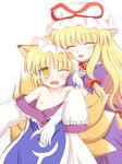  blonde_hair flat_chest hat long_hair multiple_girls nude ribbon ry short_hair touhou yakumo_ran yakumo_yukari 