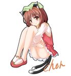  amicis animal_ears bell brown_hair cat_ears cat_tail character_name chen earrings hat jewelry leg_hug multiple_tails short_hair sitting smile solo tail touhou 